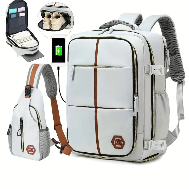 Travel Backpack with Airline-Approved Laptop Compartment and Shoes Compartment - Silver Gray and Chest Bag-3