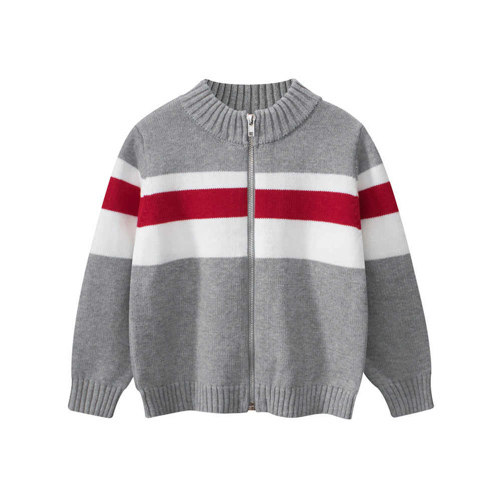 Spring European and American Style Boys’ Outerwear: Striped Long Sleeves Single Breasted Knitted Coat for Children-0