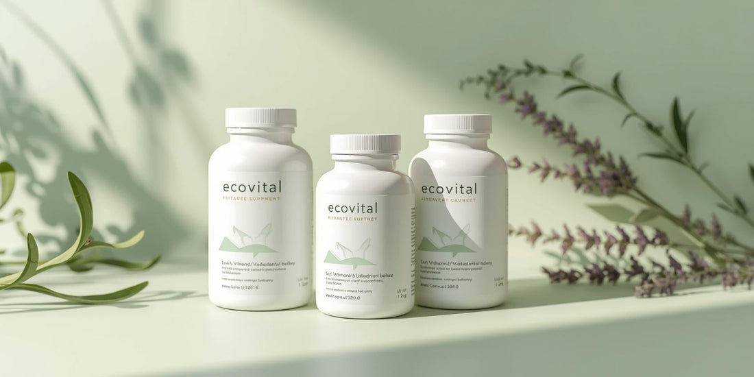 Modern minimalist Ecovital hero image featuring clean white supplement bottles with soft botanical accents for the 2025 no-BS supplement guide.