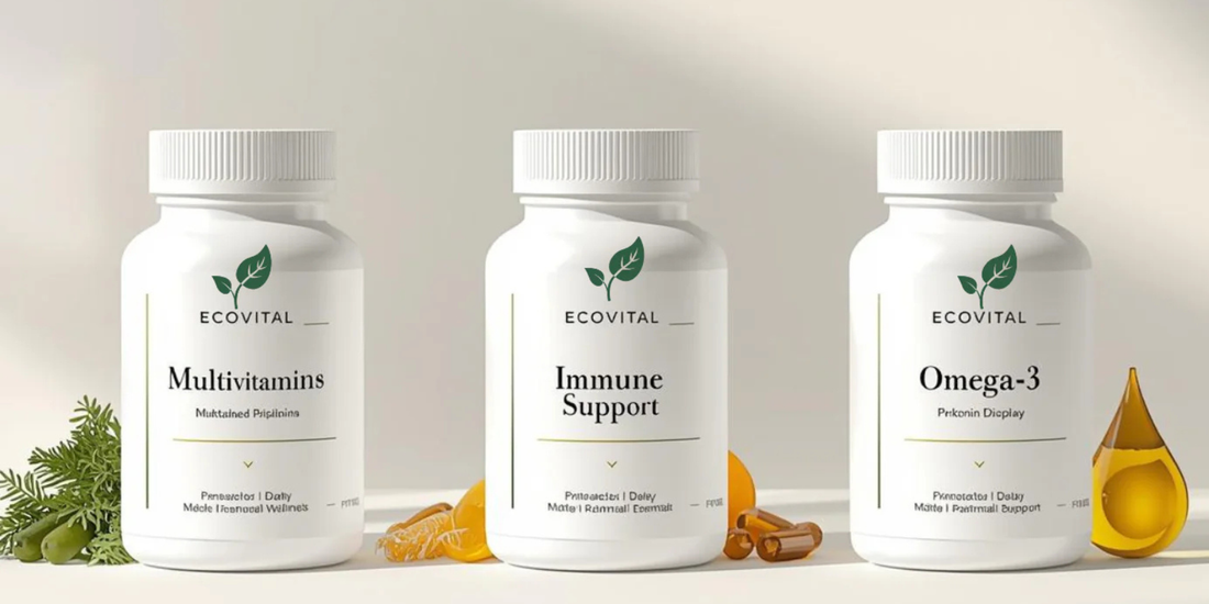 Three Ecovital supplement bottles representing the 2025 Daily Health Essentials — multivitamin, immune support mushrooms, and high-potency omega-3.