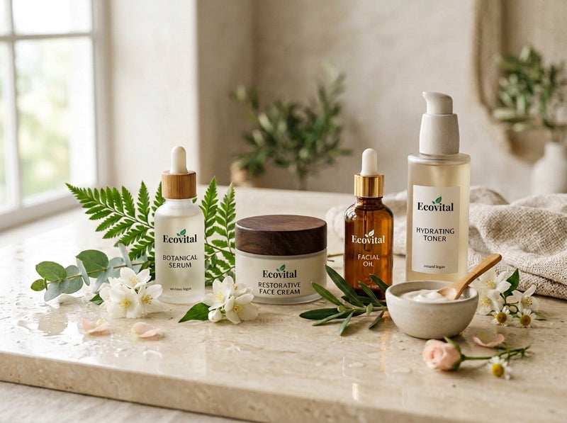 Ecovital Cosmetics collection featuring premium beauty and wellness products with botanical elements