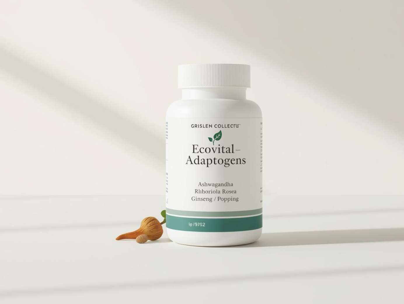 premium product photograph of a dark amber glass bottle labeled 'ADAPTOGENS' with the EcoVital logo. The bottle sits on a mossy slate stone surrounded by raw ashwagandha roots and chaga mushrooms, with a soft-focus misty pine forest in the background