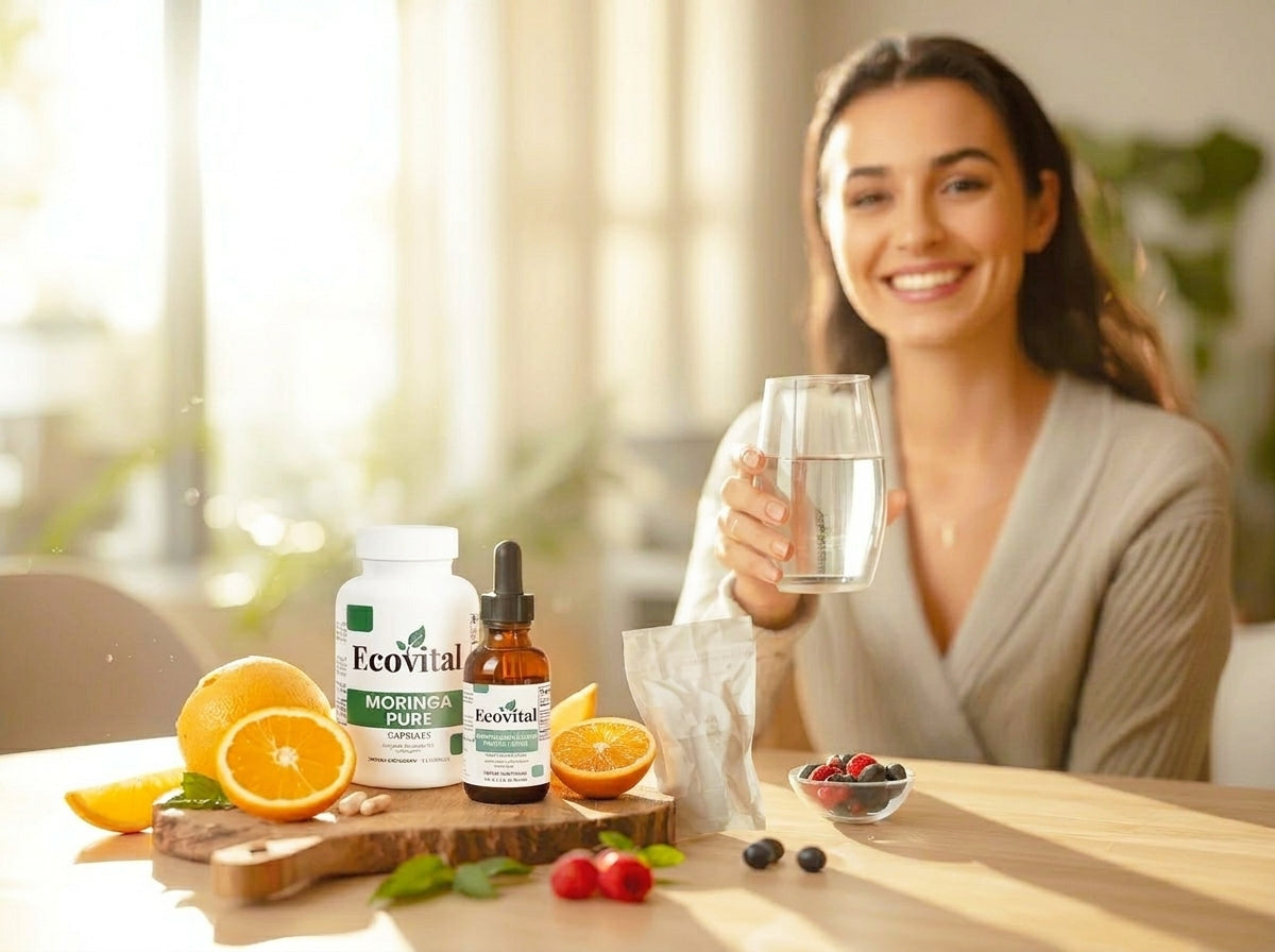 A serene woman holds a water glass next to a minimalist display of wellness products: a multivitamin bottle, immune support dropper bottle, and probiotic sachet on a wooden counter.