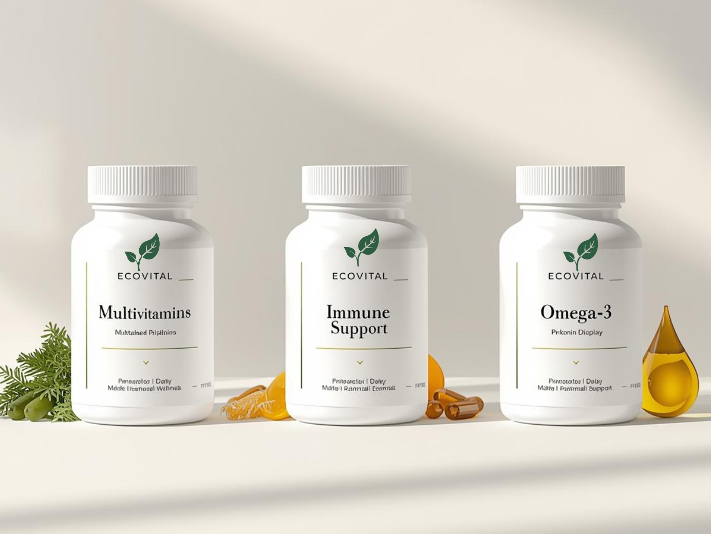 Ecovital Daily Health Essentials — premium minimalist supplement bottles for Multivitamins, Immune Support, and Omega-3