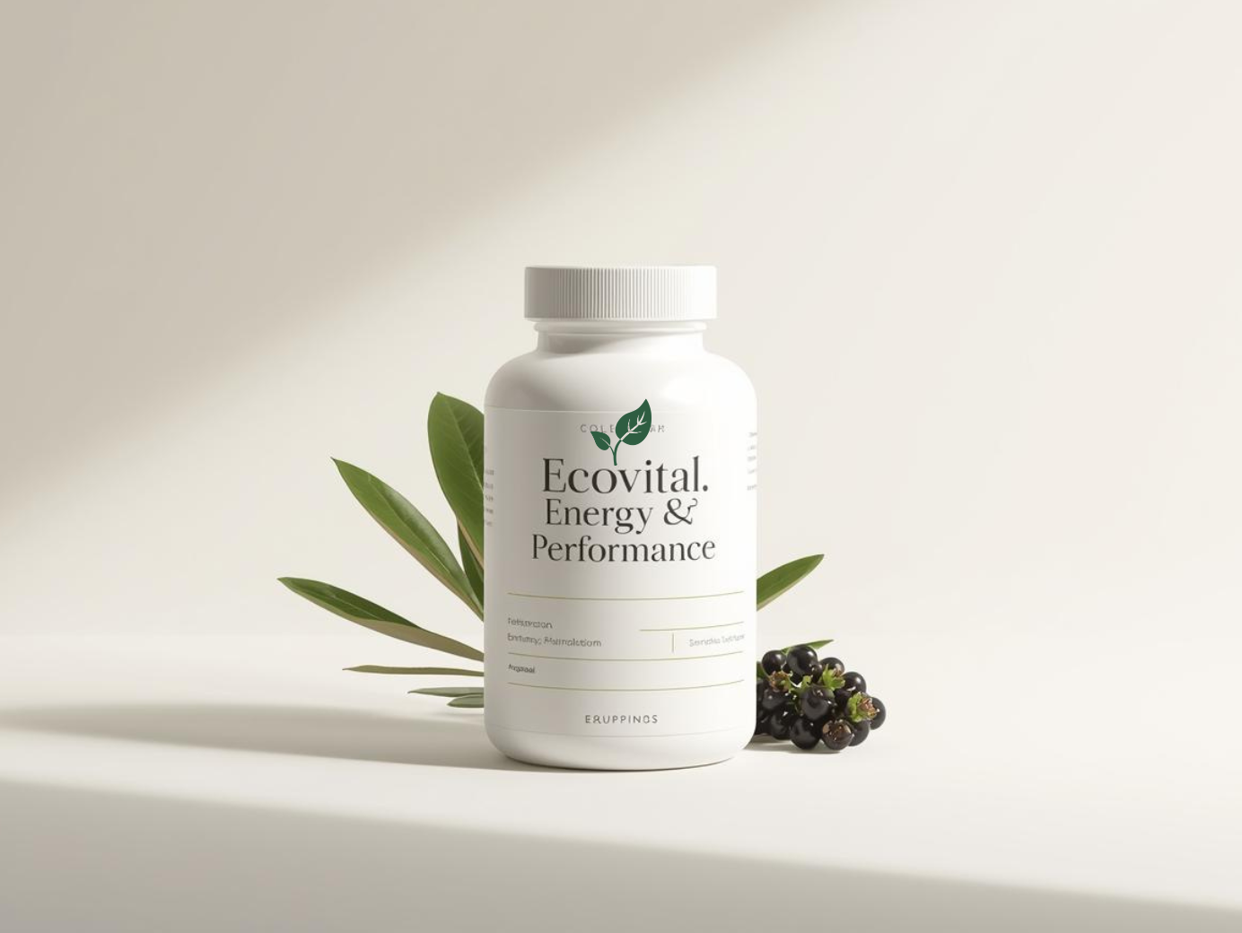 Ecovital Energy & Performance collection — white supplement bottle with ginseng or maca botanical on a clean minimalist background