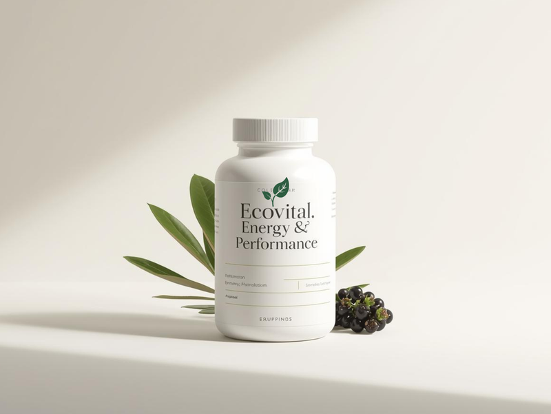 Ecovital Energy & Performance collection — white supplement bottle with ginseng or maca botanical on a clean minimalist background