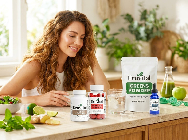 The scene includes a minimalist collagen powder pouch being scooped into a glass of water, digestive support amber bottles with droppers, fresh green juice, ginger, lime, and a measuring tape next to a green apple, all under soft morning light