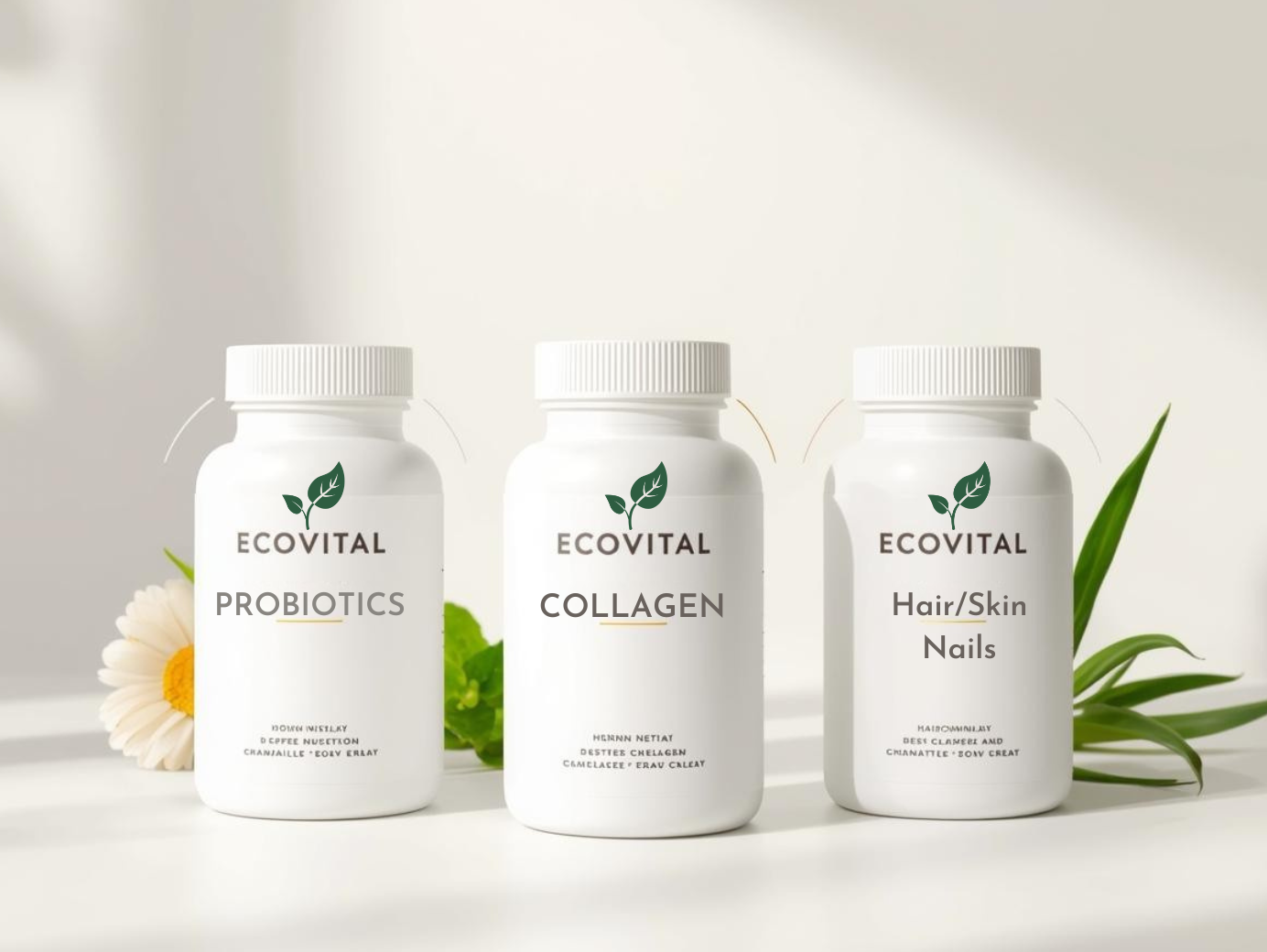 Ecovital Gut & Beauty Wellness — premium minimalist bottles for Probiotics, Collagen, and Hair/Skin/Nails supplements