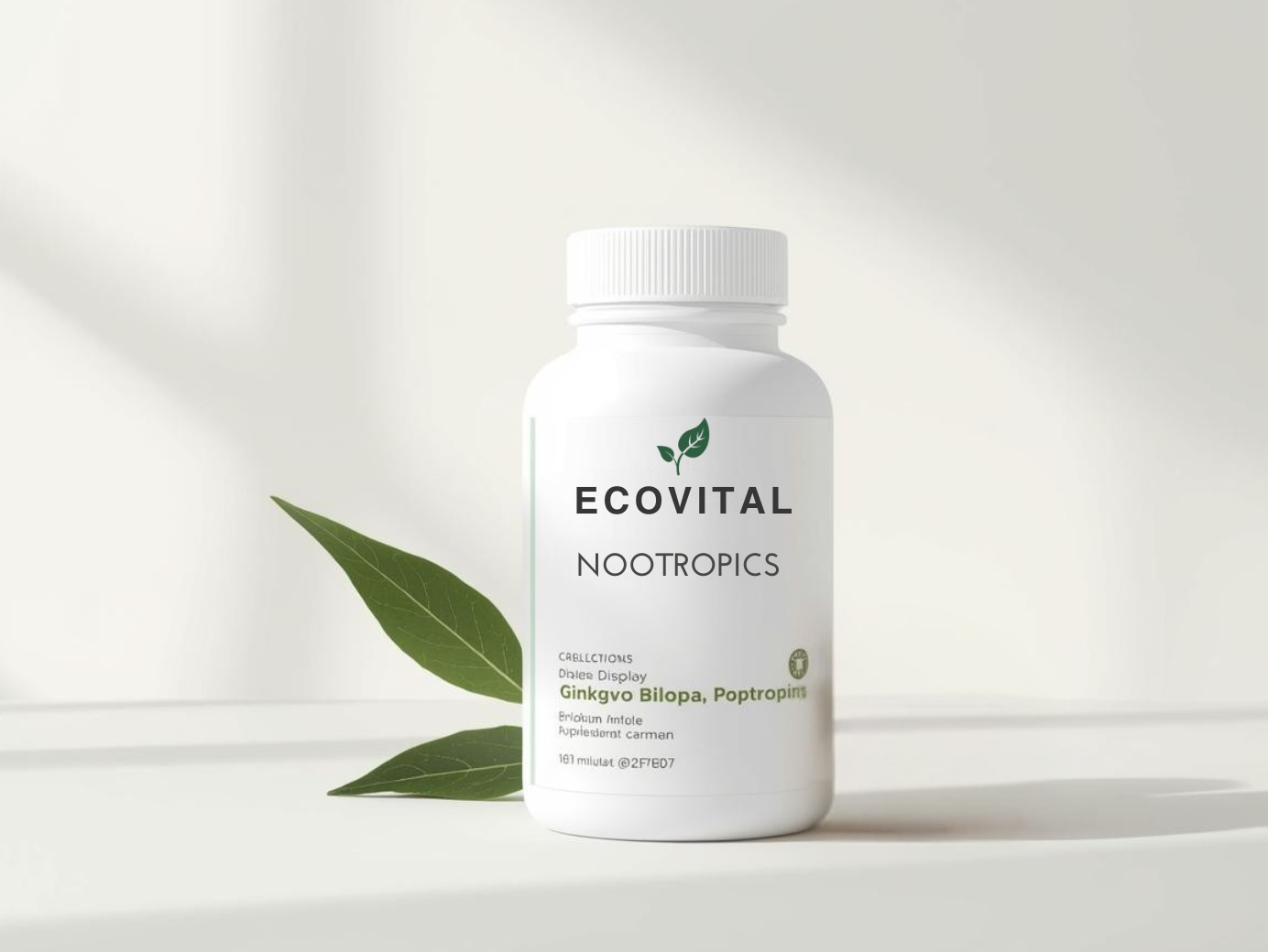 Ecovital Nootropics collection — premium supplement bottle with brain-support botanical element on minimalist background