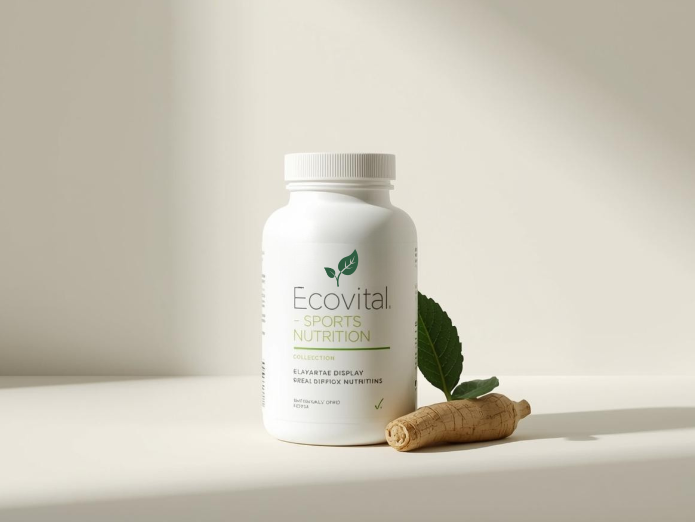 Ecovital Sports Nutrition collection — premium supplement bottle with energy-boost botanical element on minimalist background