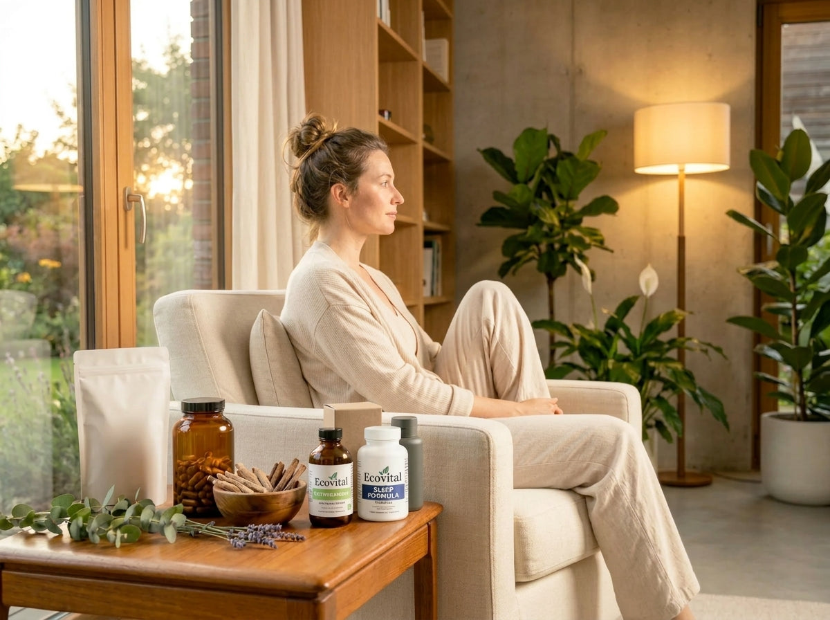 A relaxed woman sits in a cream linen armchair by a large window at sunset.