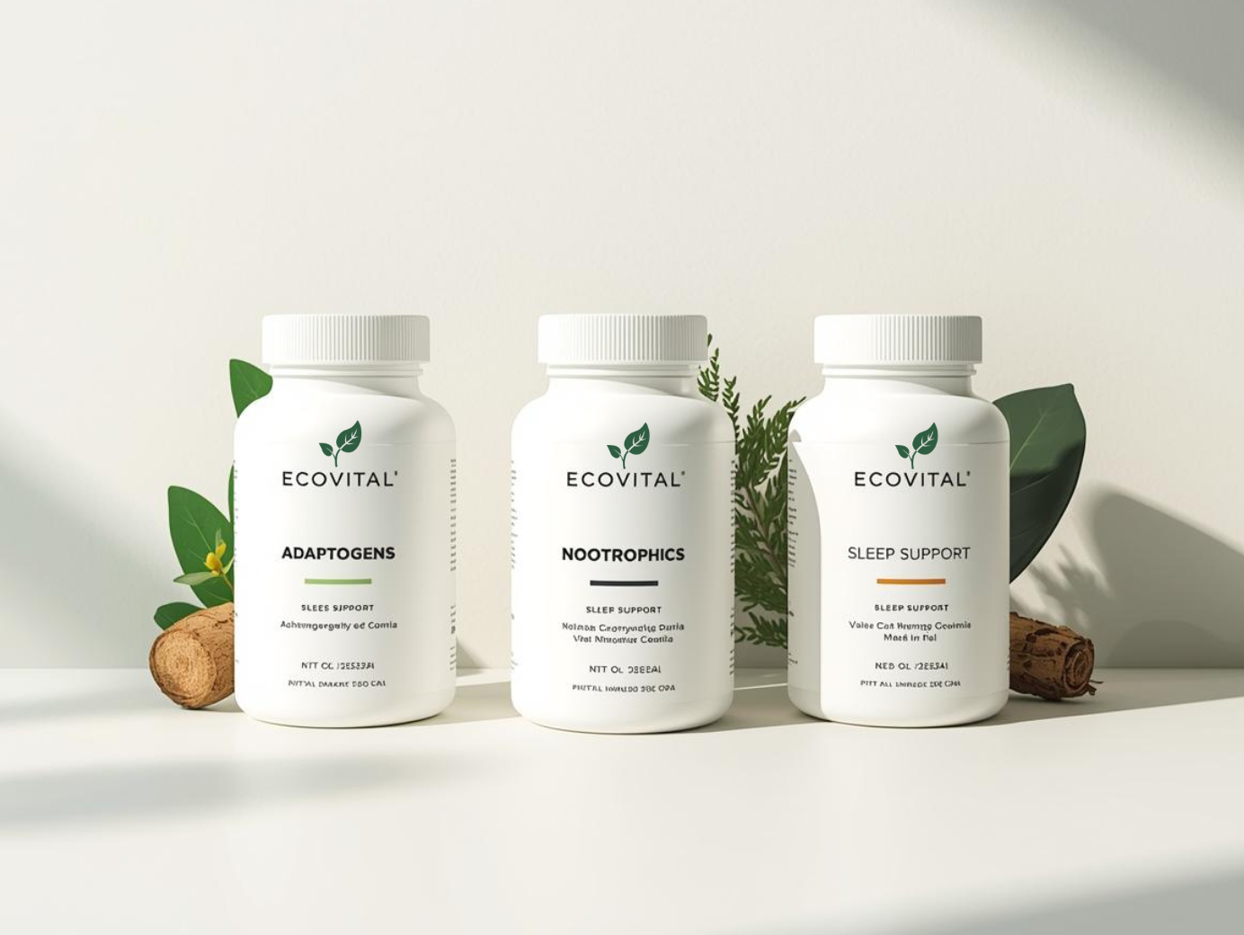 Ecovital Stress, Mind & Sleep — premium minimalist bottles for Adaptogens, Nootropics, and Sleep Support supplements
