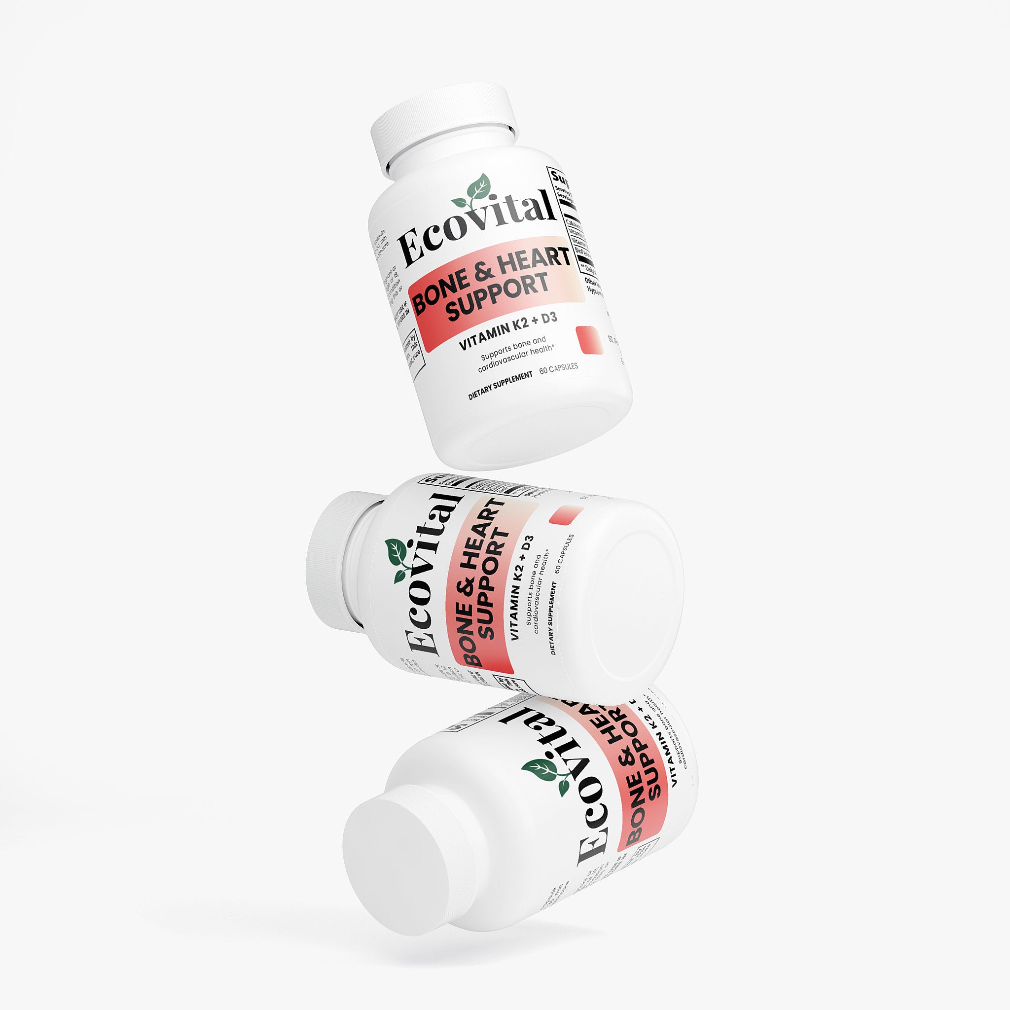 Three bottles of Ecovital Bone & Heart Support supplement on a white background
