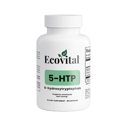 Supplement bottle labeled 'Ecovital 5-HTP' on a white background
