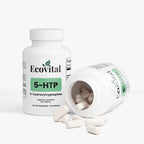 Ecovital 5-HTP dietary supplement bottle with open cap showing capsules on a white background