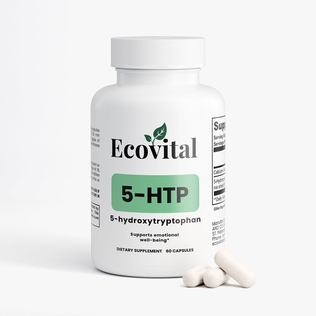 Supplement bottle labeled 'Ecovital 5-HTP' on a white background