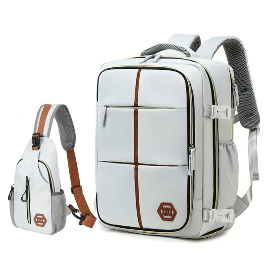 Travel Backpack with Airline-Approved Laptop Compartment and Shoes Compartment - Silver Gray and Chest Bag-0
