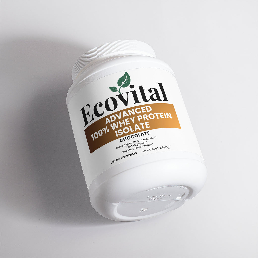 Ecovital Advanced 100% Whey Protein Isolate container on a light gray background
