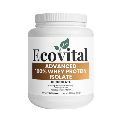 Ecovital Advanced 100% Whey Protein Isolate container on a white background