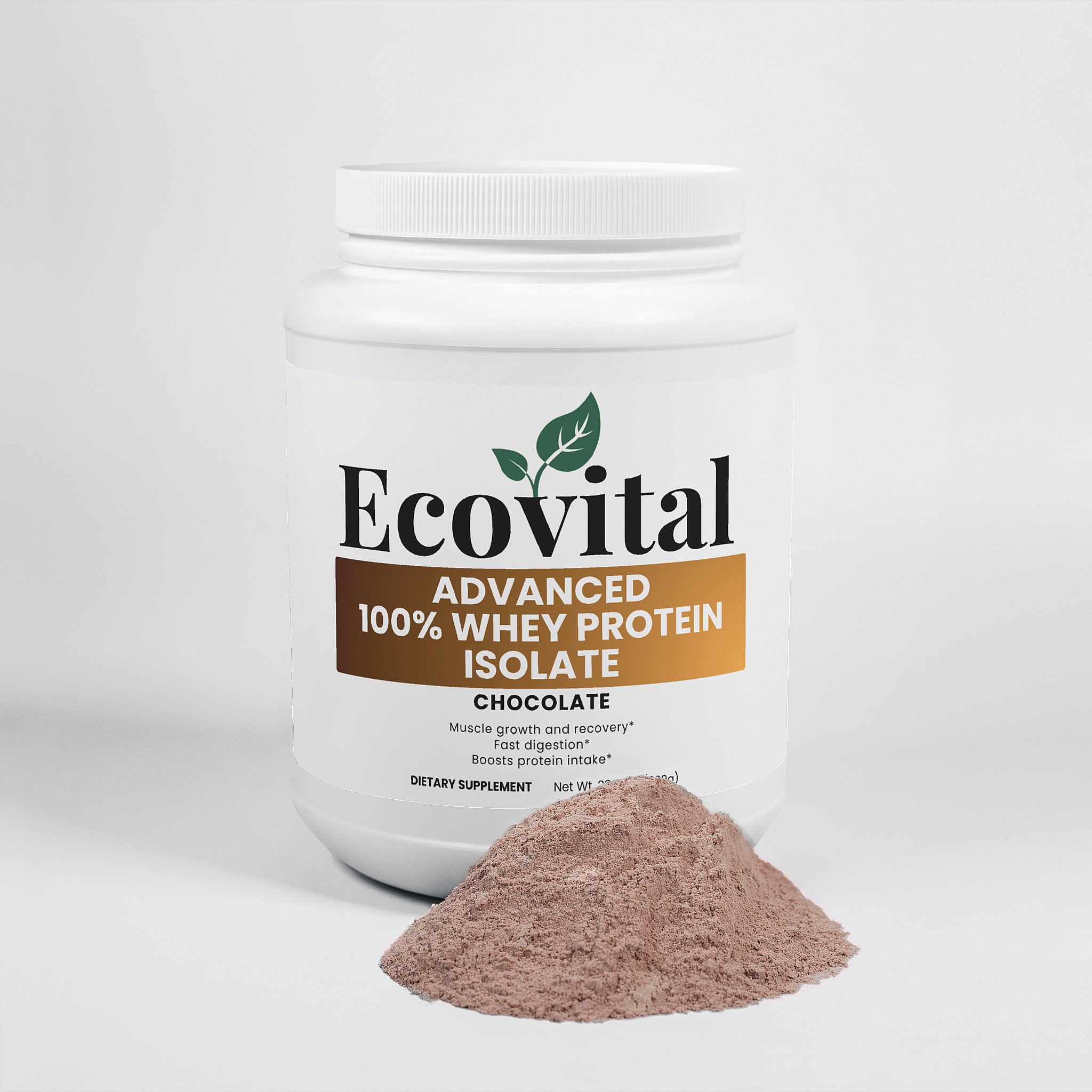 Ecovital 100% Whey Protein Isolate container with chocolate powder on a white background