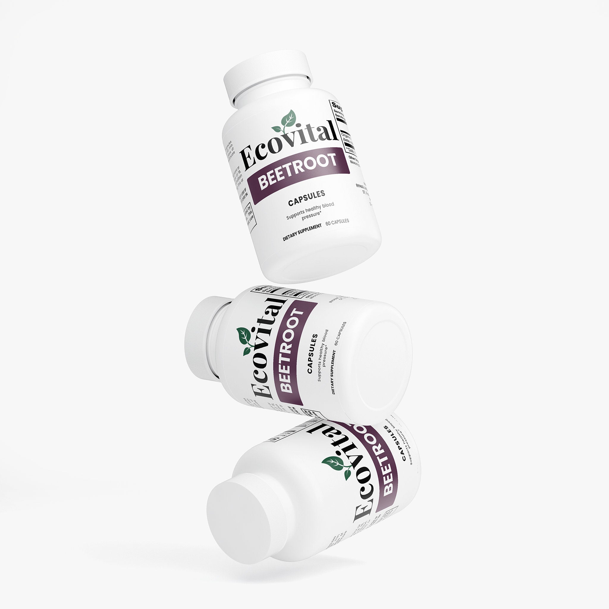 Three bottles of Ecovital Beetroot capsules on a white background