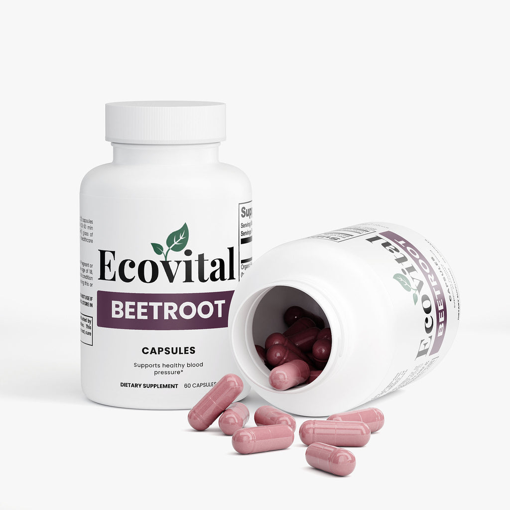 Ecovital Beetroot capsules with open bottle on a white background
