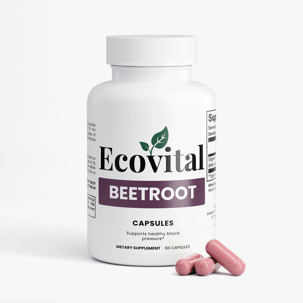 Ecovital Beetroot supplement bottle with capsules on a white background