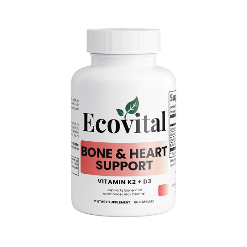 Supplement bottle labeled 'Ecovital Bone & Heart Support' on a white background