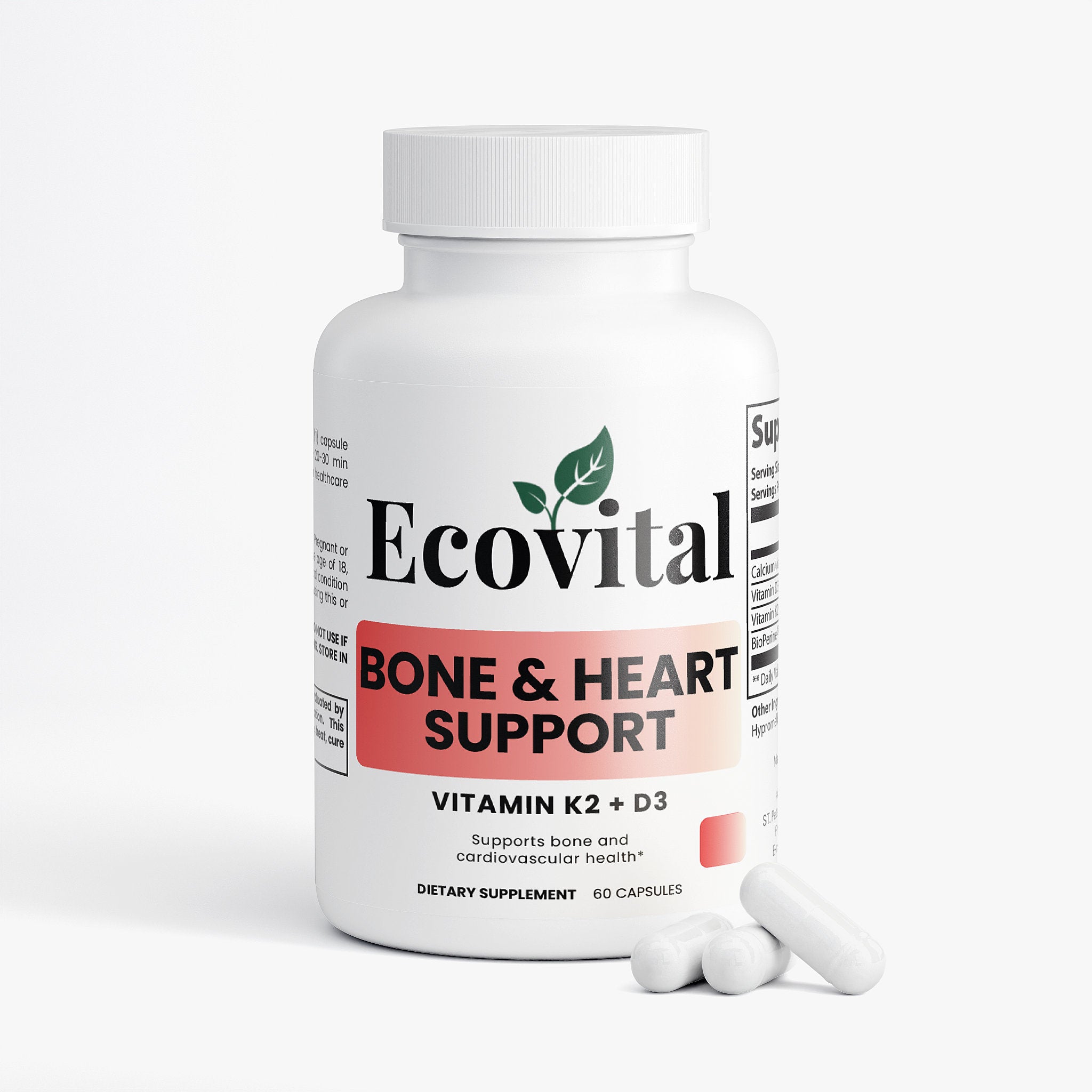 Supplement bottle labeled 'Ecovital Bone & Heart Support' on a white background