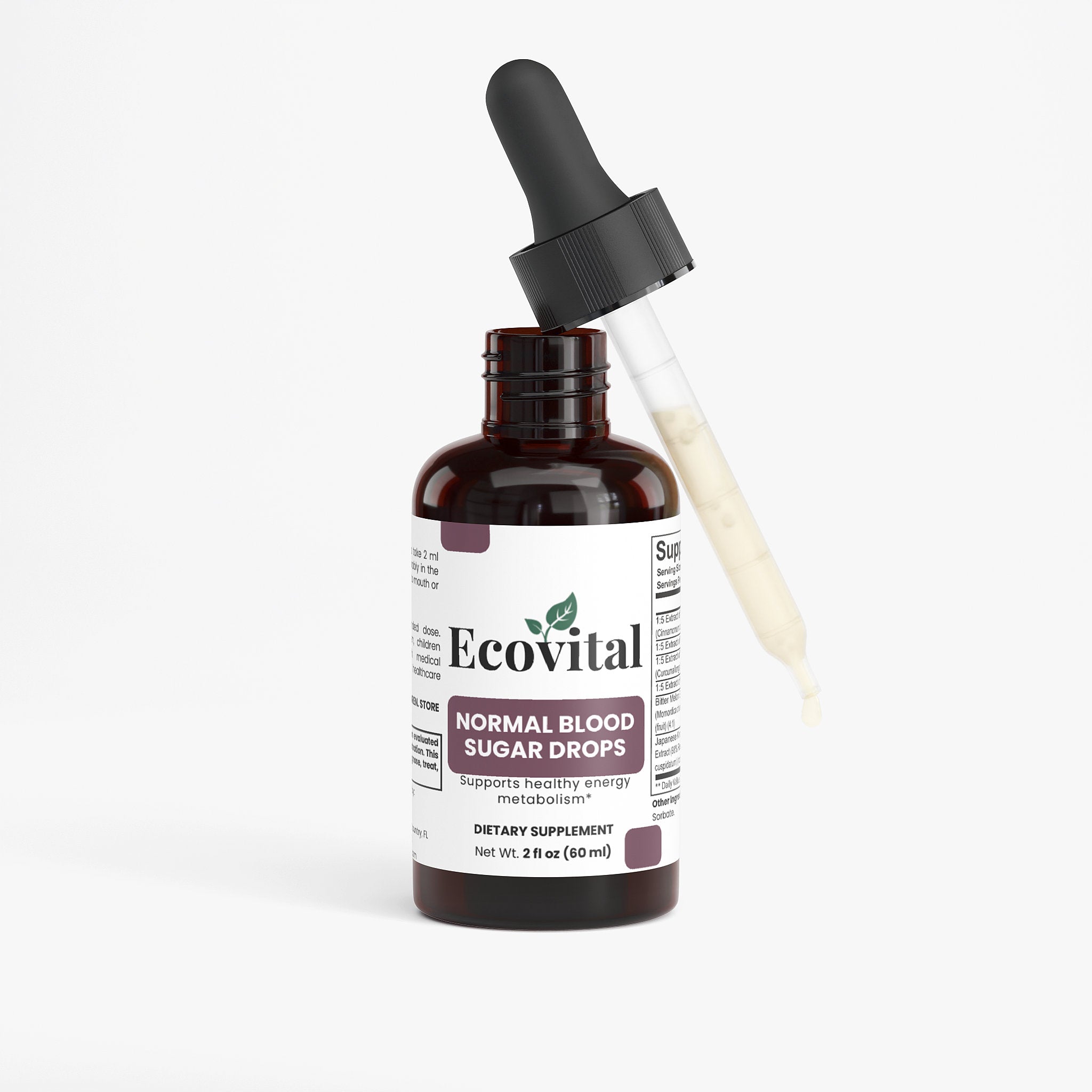 Bottle of Ecovital Normal Blood Sugar Drops with dropper on a white background