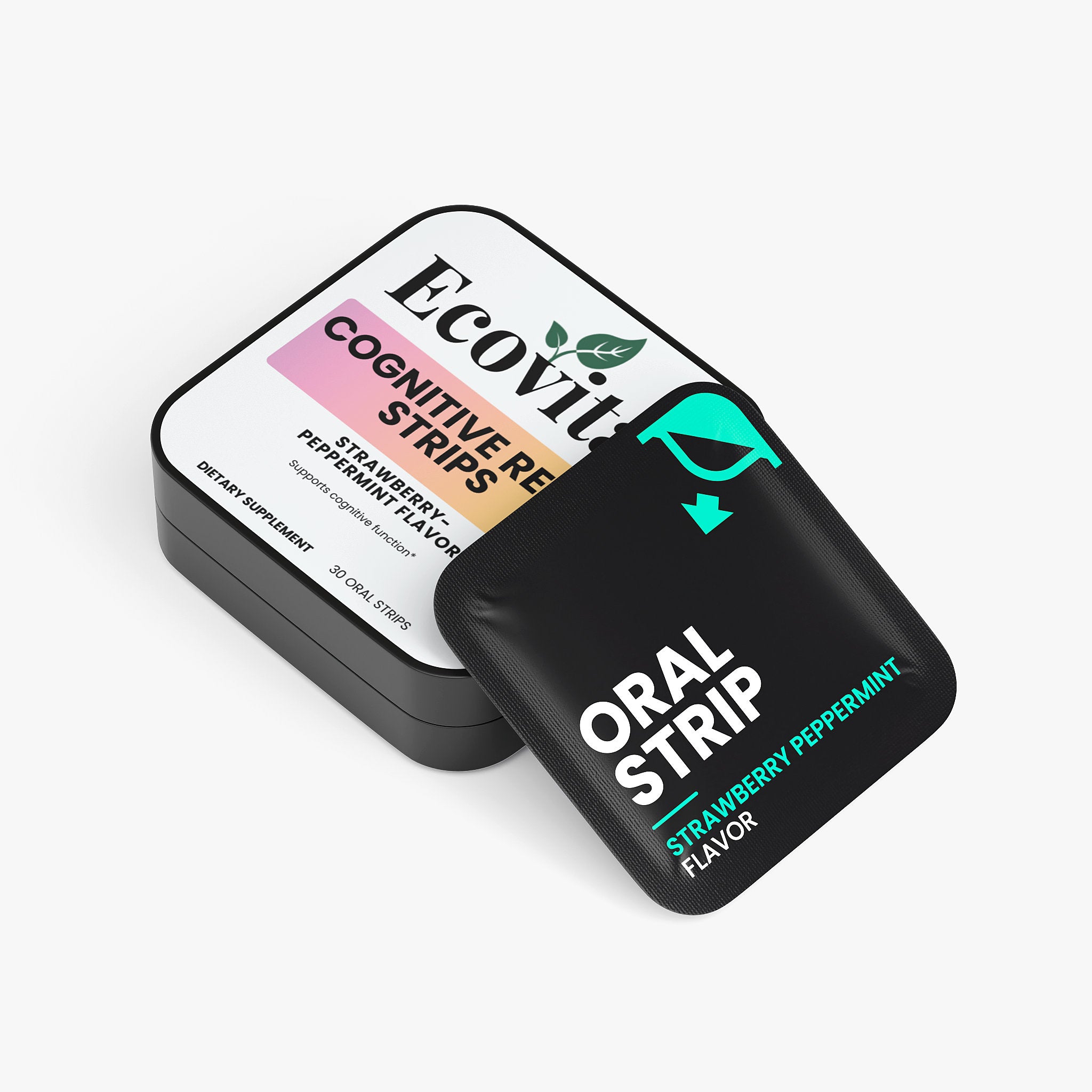 Ecovit cognitive strip packaging with a black case on a white background