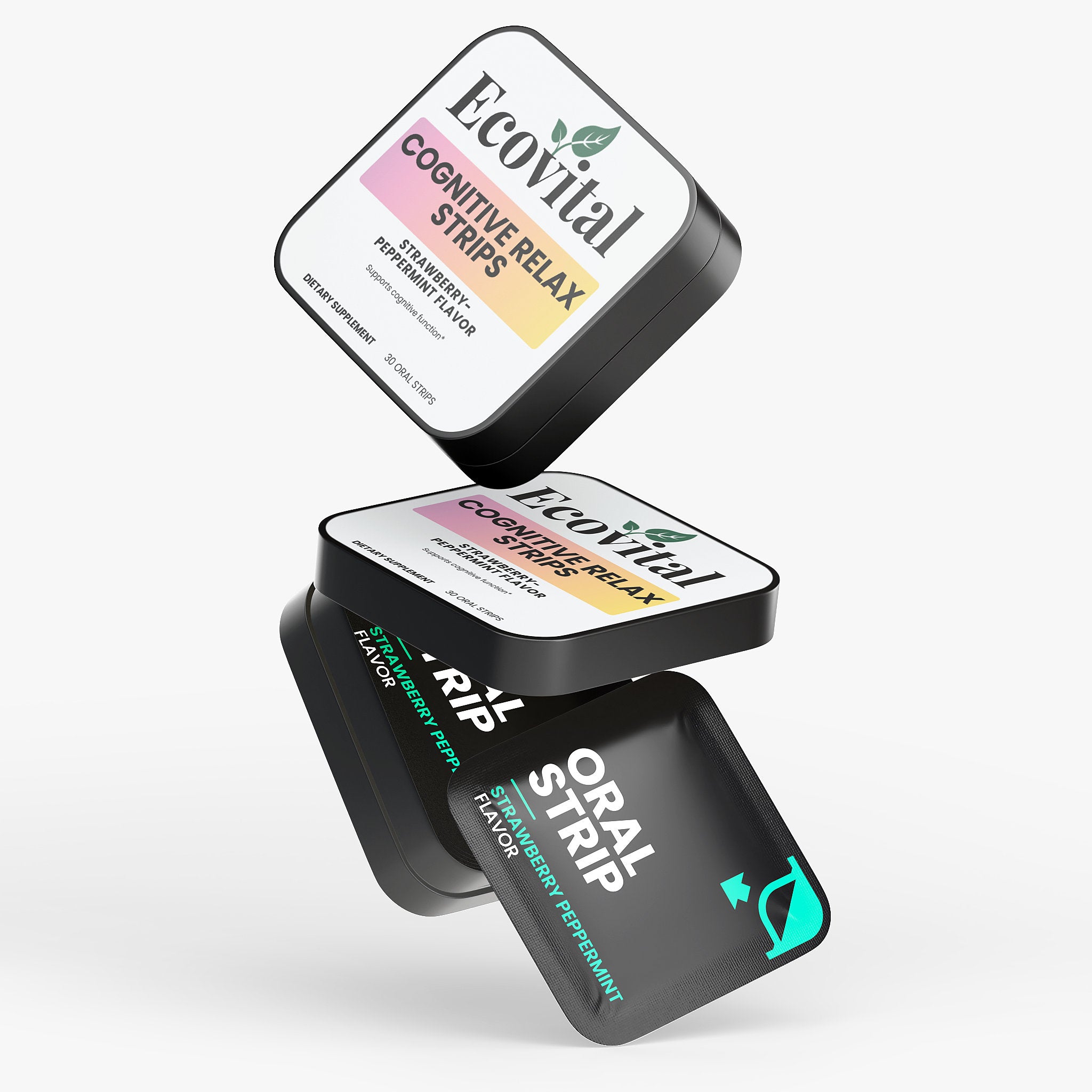 Three boxes of Ecovital cognitive strips on a white background