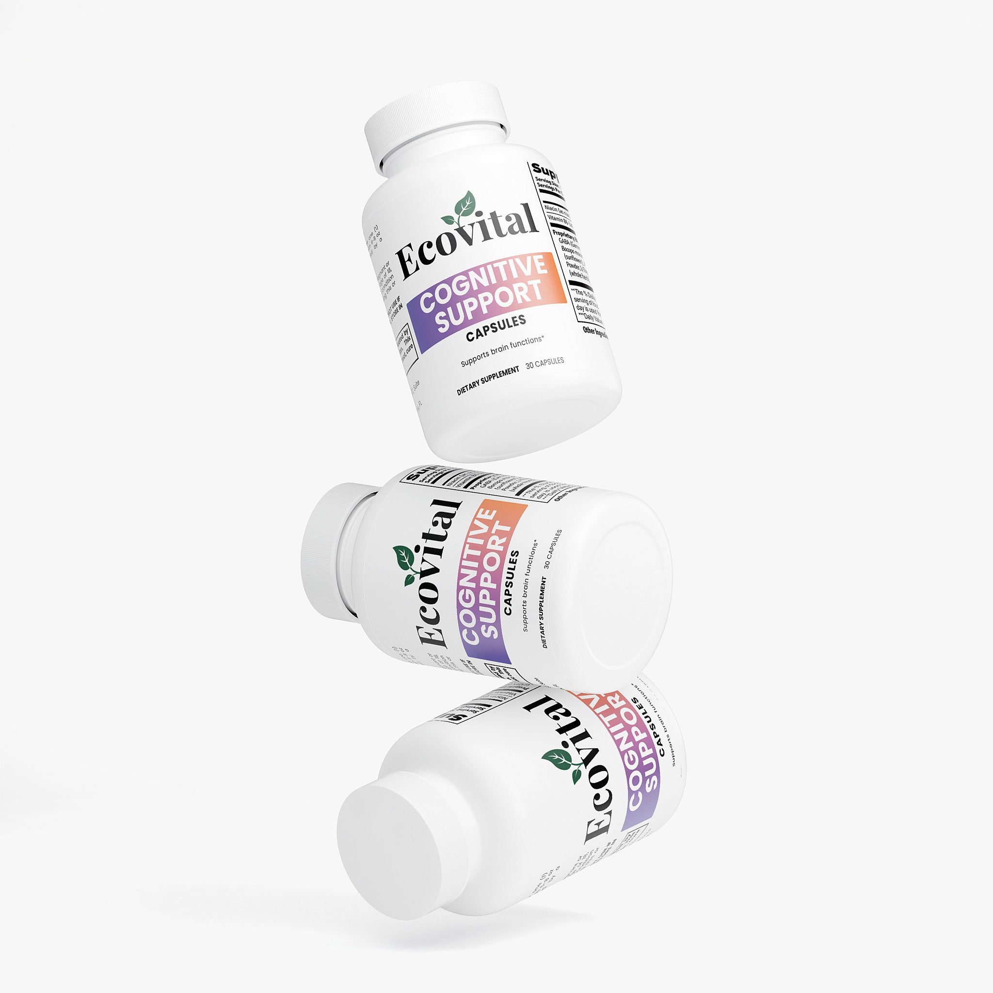 Three bottles of Ecovital Cognitive Support capsules on a white background