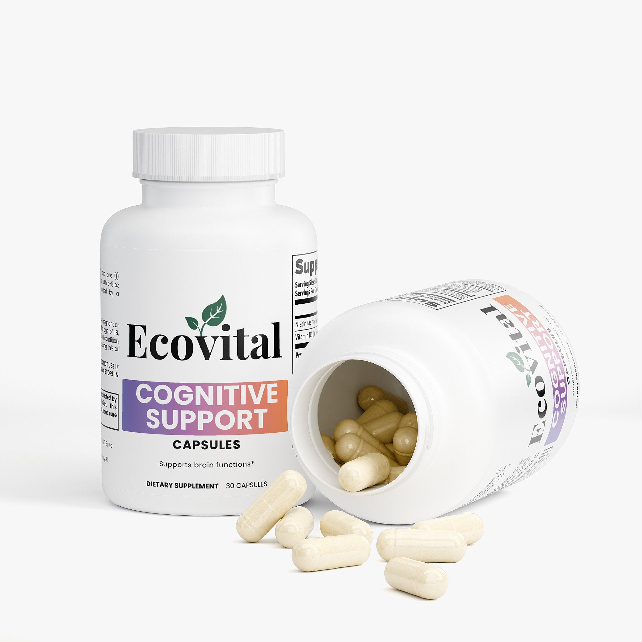 Ecovital Cognitive Support capsules with open bottle on a white background