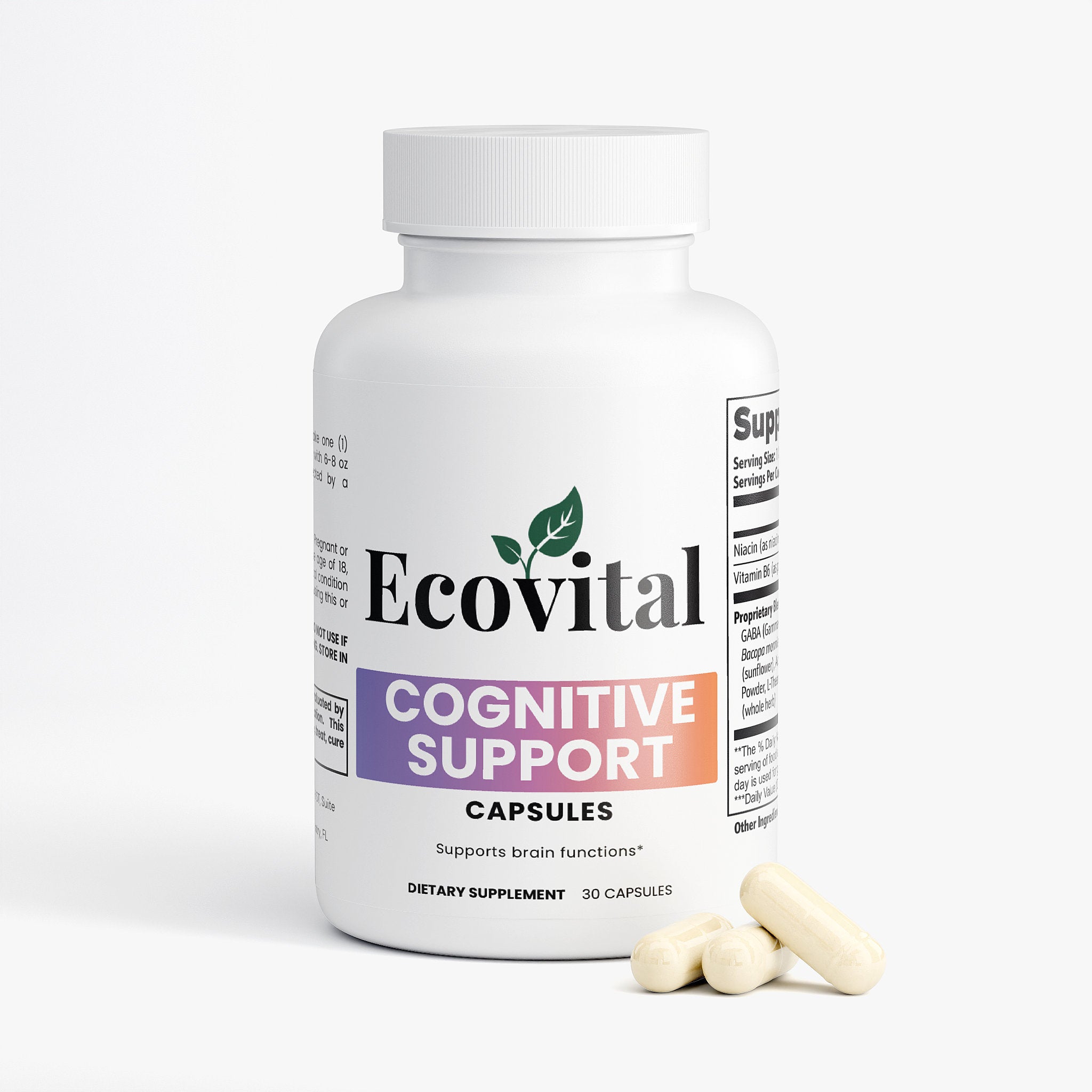 Ecovital Cognitive Support capsules bottle with two capsules on a white background