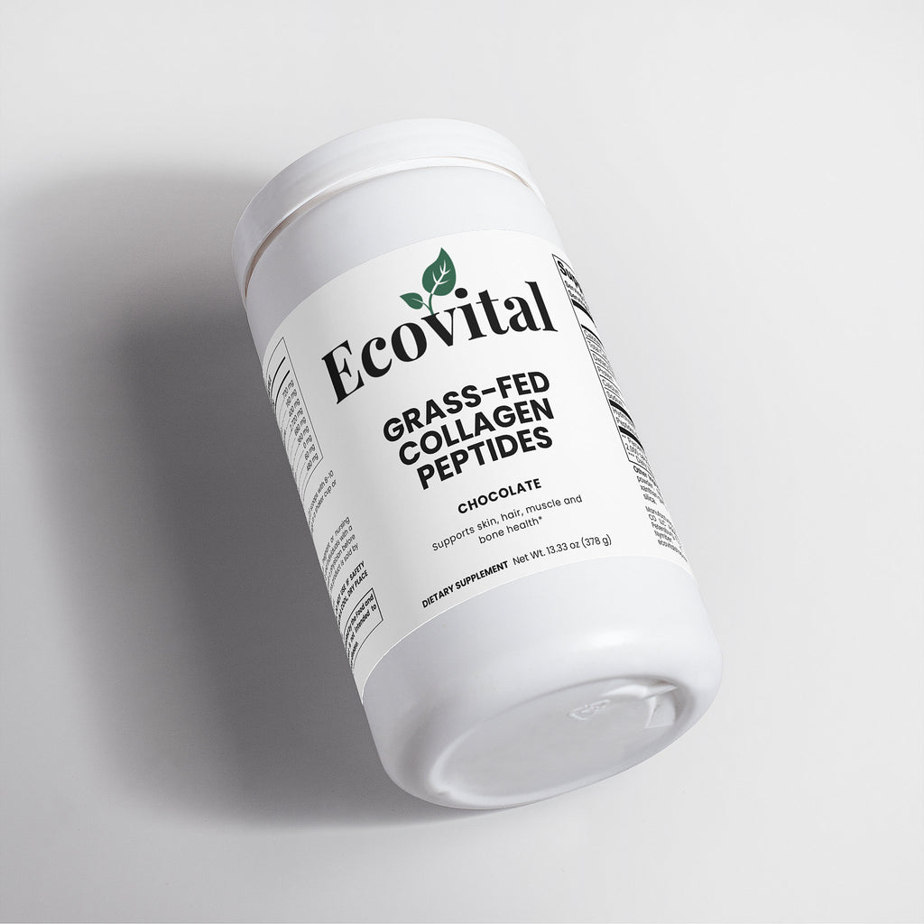 Container of Ecovital grass-fed collagen peptides on a light gray background
