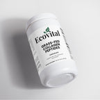 Container of Ecovital grass-fed collagen peptides on a light gray background
