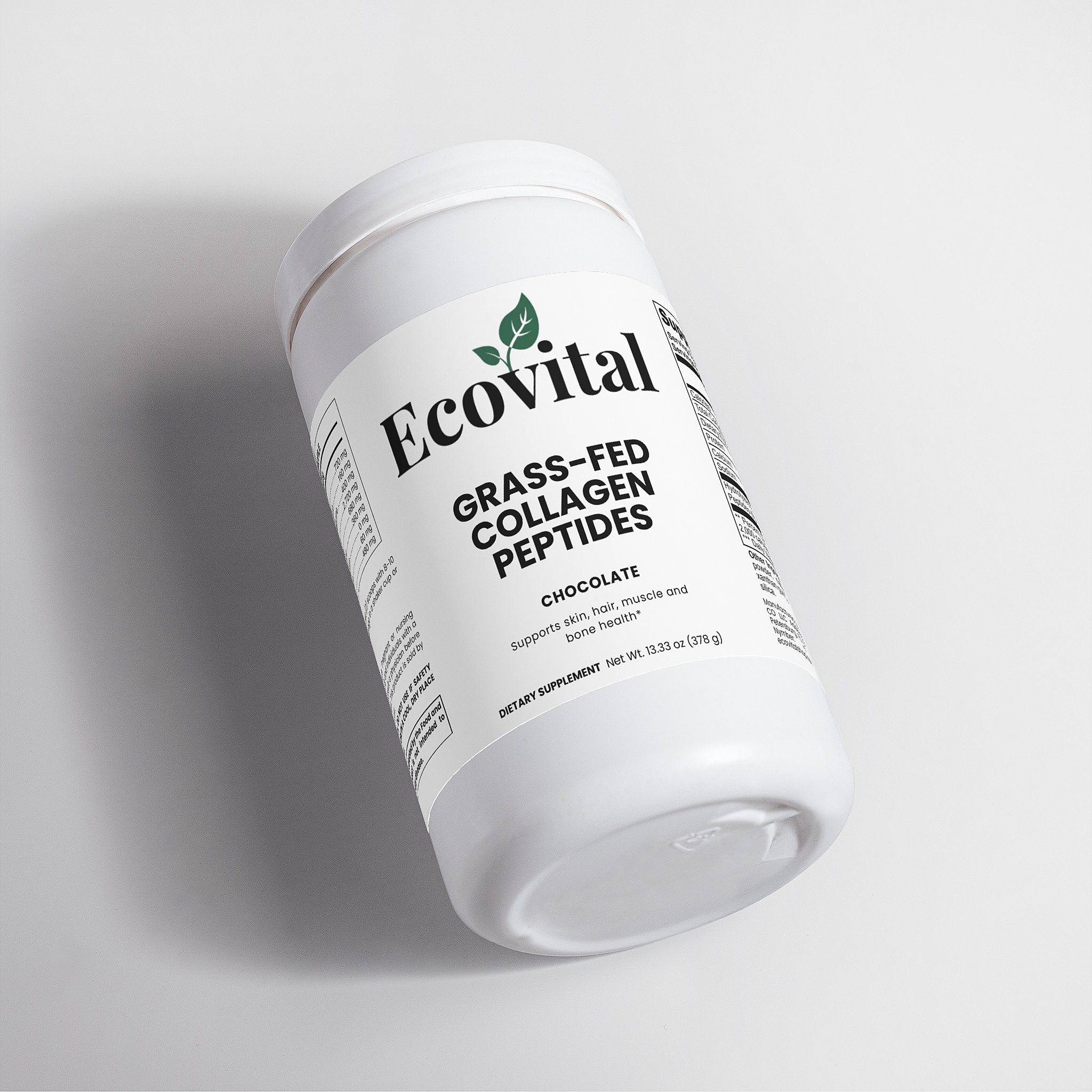 Container of Ecovital grass-fed collagen peptides on a light gray background