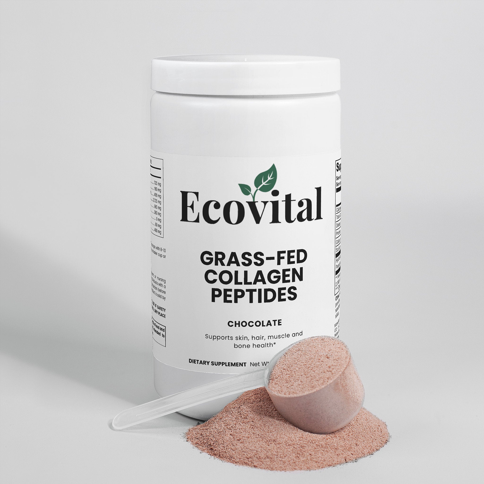 Ecovital grass-fed collagen peptides container with a scoop of powder on a light gray background