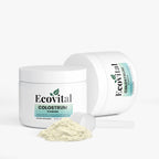 Ecovital Colostrum Powder container with scoop on a white background