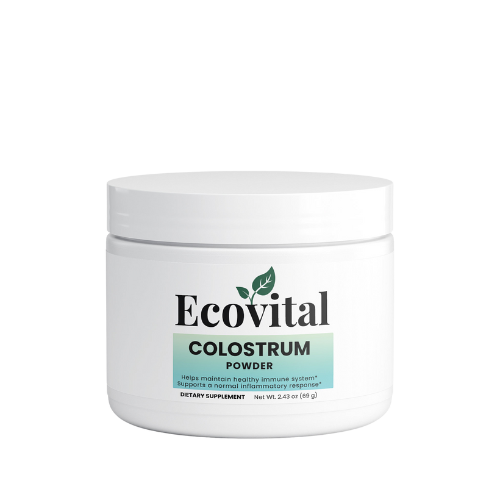 Jar of Ecovital Colostrum Powder on a white background