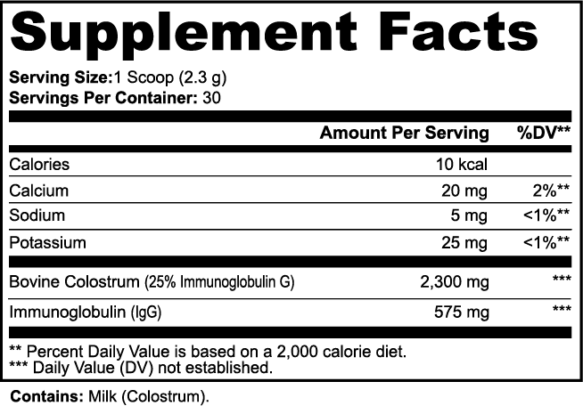 Supplement facts label for a product containing Bovine Colostrum and Immunoglobulin.