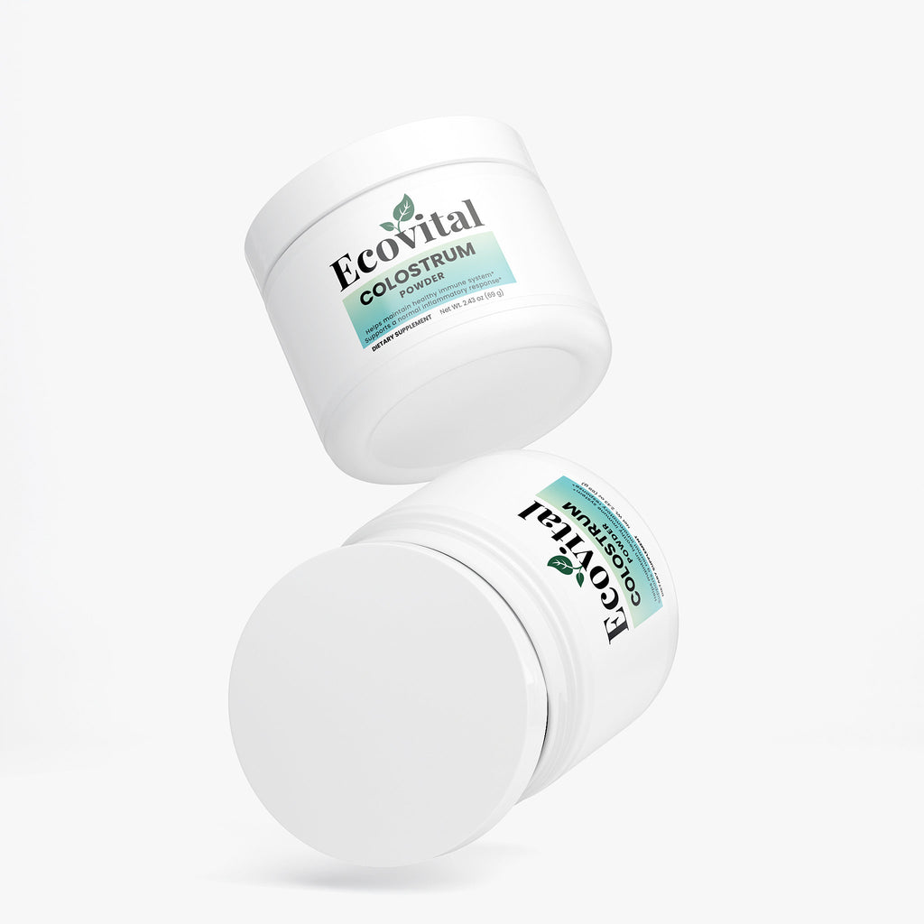 Two containers of Ecovital Colostrum Powder on a white background