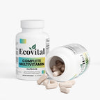 Ecovital complete multivitamin capsules with open bottle on a white background