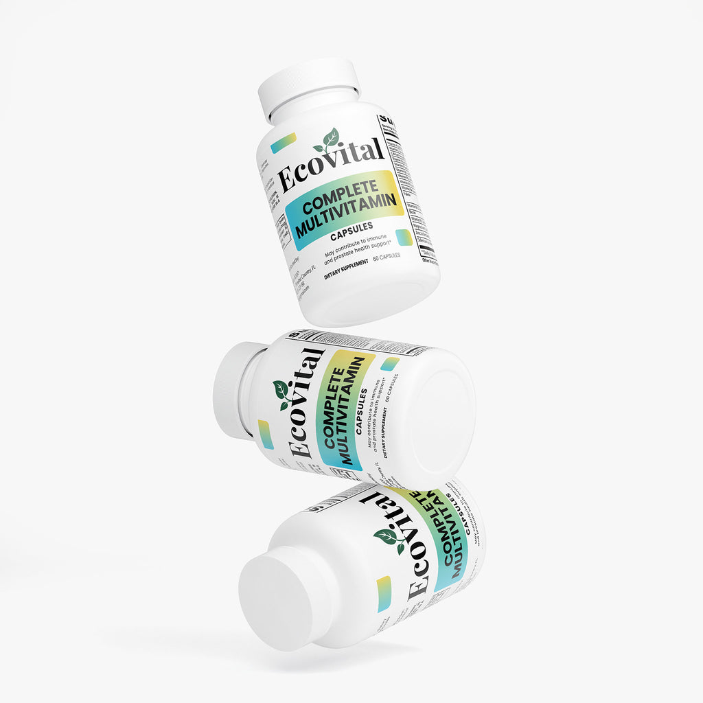 Three bottles of Ecovital Complete Multivitamin on a white background