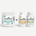 Ecovital Nutrition Creatine Monohydrate with a special offer including free Omega-3 and Magnesium Glycinate supplements displayed together on a clean premium background.