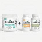 Ecovital Nutrition Creatine Monohydrate with a special offer including free Omega-3 and Magnesium Glycinate supplements displayed together on a clean premium background.