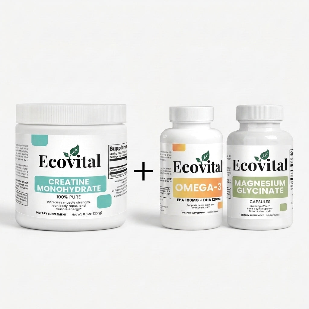 Ecovital Nutrition Creatine Monohydrate with a special offer including free Omega-3 and Magnesium Glycinate supplements displayed together on a clean premium background.