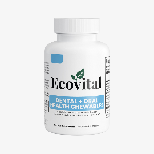 Ecovital dental and oral health chewables supplement bottle on a white background