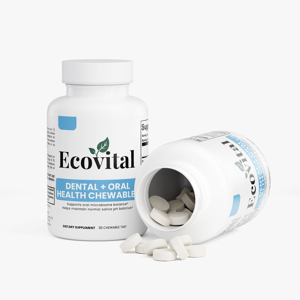 Ecovital dental and oral health chewable supplement bottle with open cap on a white background